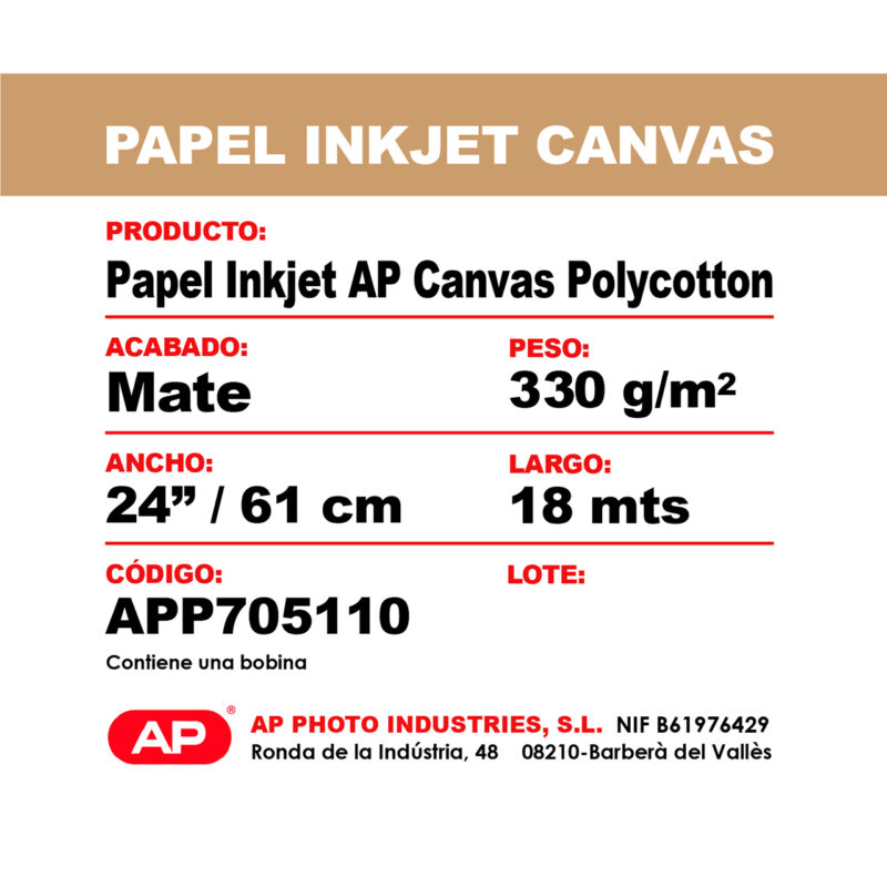 Papel Inkjet AP Canvas Polycotton mate 330 g/m², ancho 61 cm, perfecto para impresiones de alta calidad.