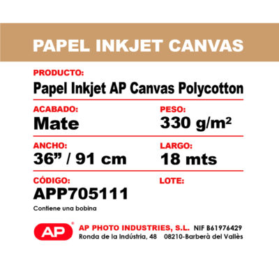 Papel Inkjet AP Canvas Polycotton mate de 330 g/m², ancho de 91 cm y largo de 18 mts, ideal para impresiones artísticas.