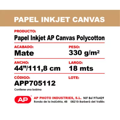 Papel Inkjet AP Canvas Polycotton, mate, 330 g/m², 44"/111,8 cm x 18 m, ideal para impresiones de alta calidad.