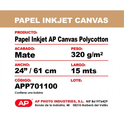 AP Papel Inkjet Canvas 320 grs. Matte 24"