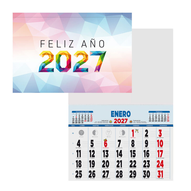 Calendario 2027 con diseño colorido y meses de diciembre 2026, enero y febrero 2027 claramente visibles.