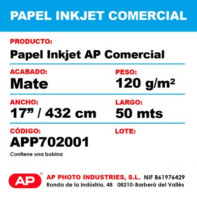 AP Papel Inkjet Comercial Mate 120 grs. ML1285 (nucleo 3") 432 cm x 50 mt