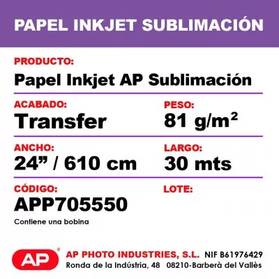 AP Papel Sublimación Transfer 81 grs. 24"/ 610mm x 30 Mts.