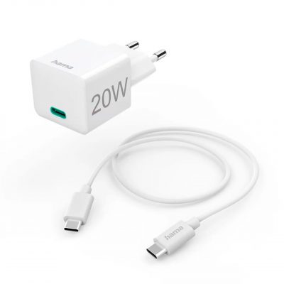 Hama Kit Cargador USB-C 220V 20W Mini PD + Cable USB-C 1 metro Blanco