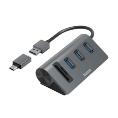 Hama HUB USB-A x3  + Lector SD y MicroSD incluye adaptador USB-C Negro