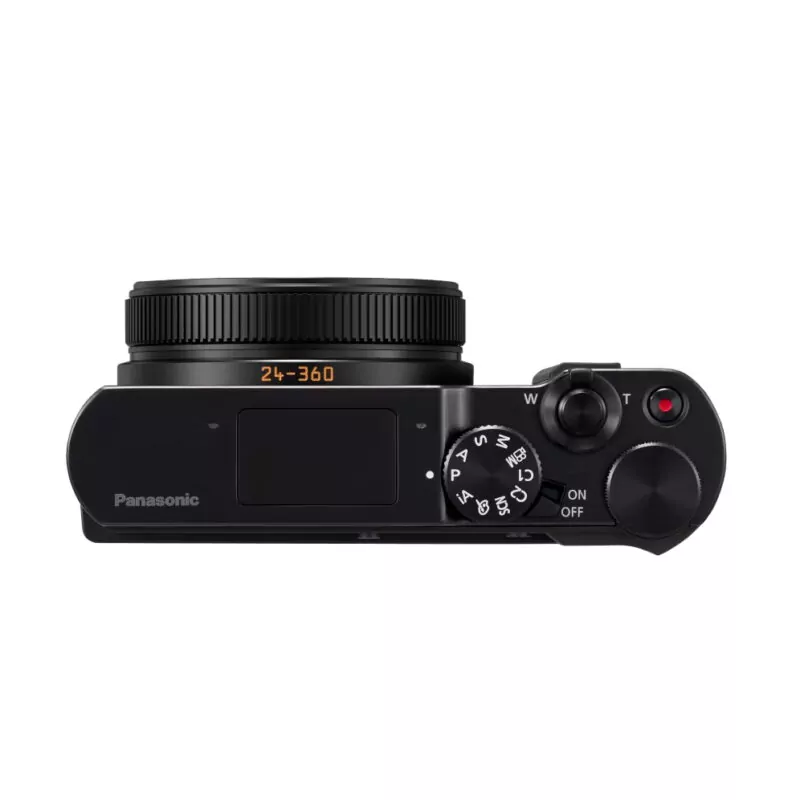 Cámara Panasonic con lente gran angular y controles de ajuste en la parte superior, ideal para fotografía profesional.