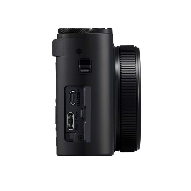 Cámara mirrorless con puerto HDMI y USB-C, diseño compacto y elegante para fotografía profesional.