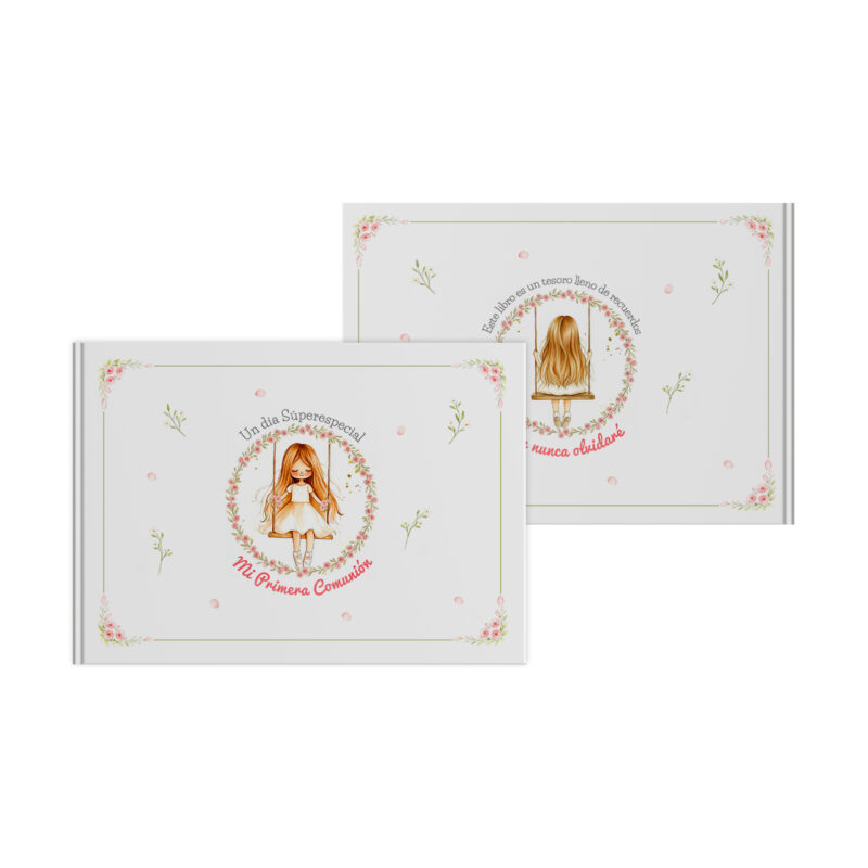 Álbum especial "Mi Primera Comunión" con ilustración de muñeca y detalles florales en portada. Recuerdos únicos.