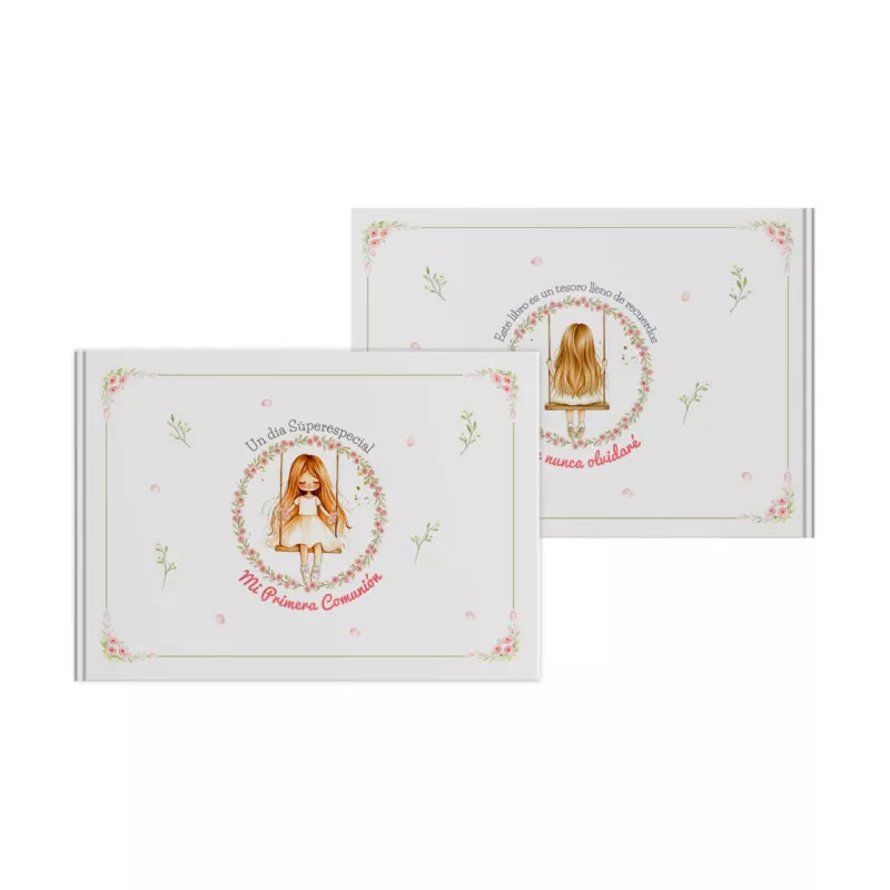 Álbum especial "Mi Primera Comunión" con ilustración de muñeca y detalles florales en portada. Recuerdos únicos.
