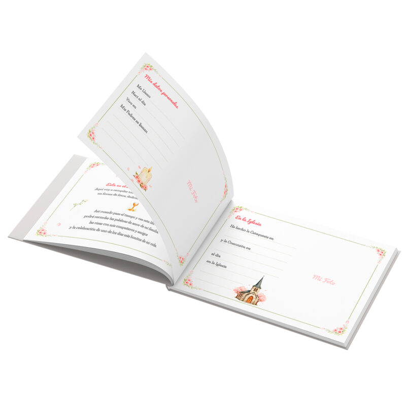 Álbum de fotos con páginas decoradas, espacio para recuerdos y textos personalizables de celebración. Ideal para momentos especiales.