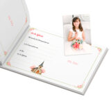 Álbum de fotos "Mi Foto" con diseño floral y espacio para escritos, y retrato de niña con ramo de flores. Ideal para comuniones.
