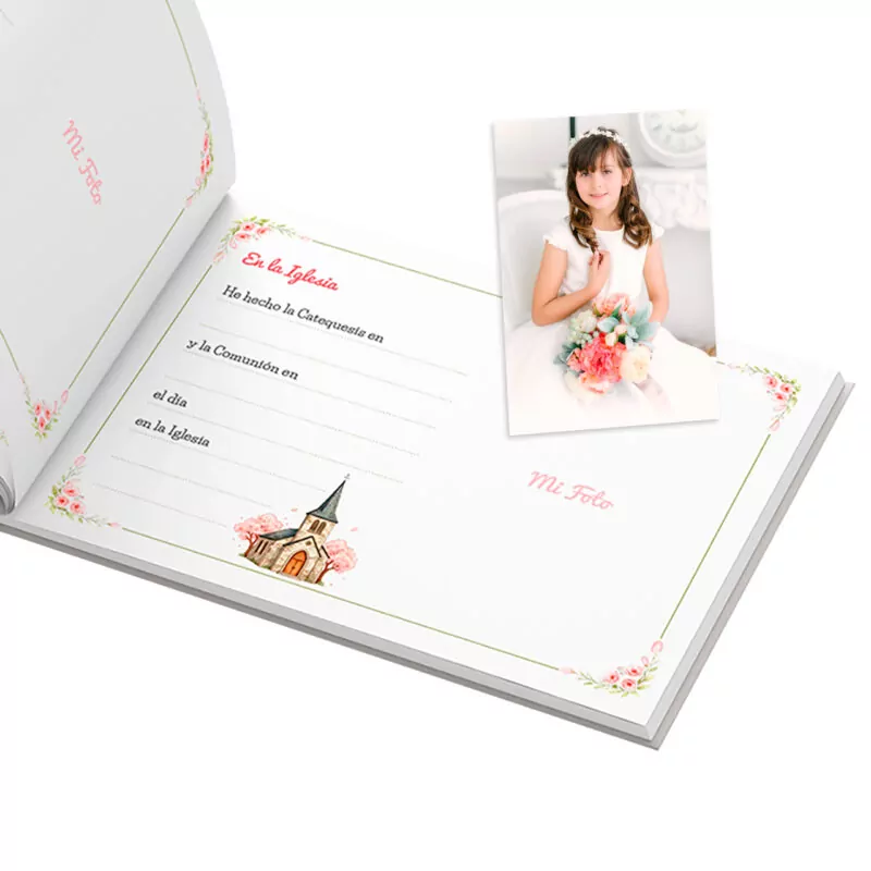 Álbum de fotos "Mi Foto" con diseño floral y espacio para escritos, y retrato de niña con ramo de flores. Ideal para comuniones.