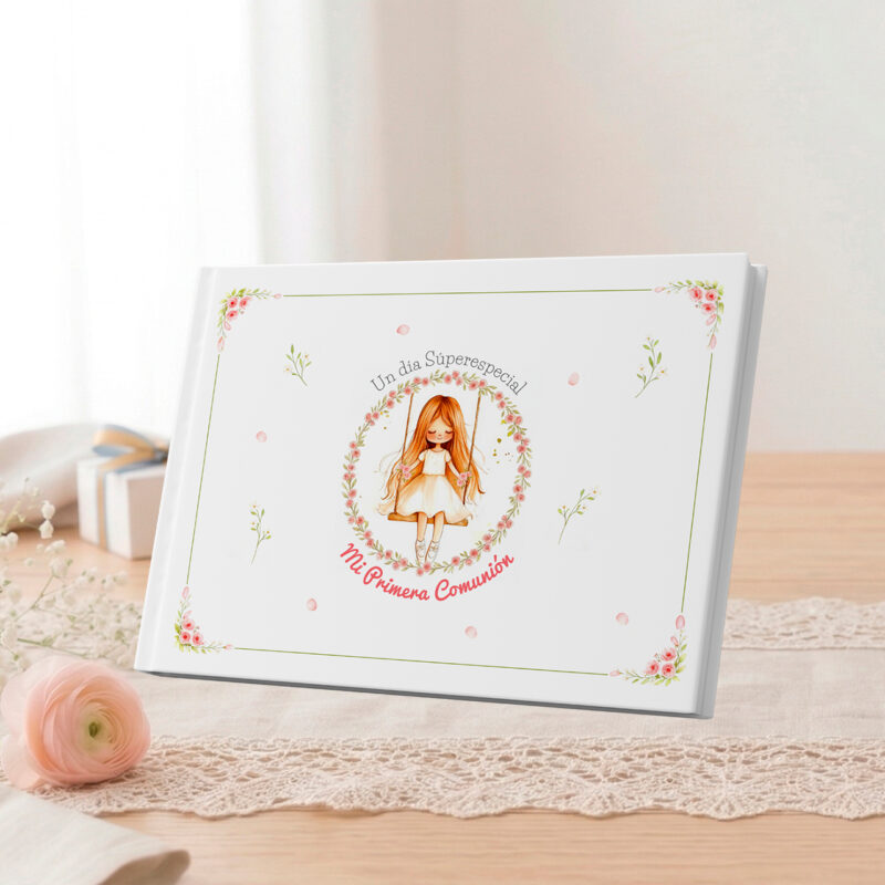 Álbum de comunión "Un día Súper especial" con diseño floral y figura de niña en vestido blanco. Ideal para recuerdos.