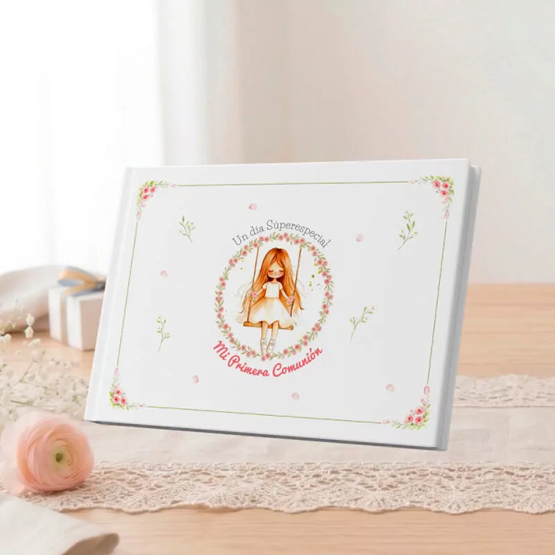 Álbum de comunión "Un día Súper especial" con diseño floral y figura de niña en vestido blanco. Ideal para recuerdos.