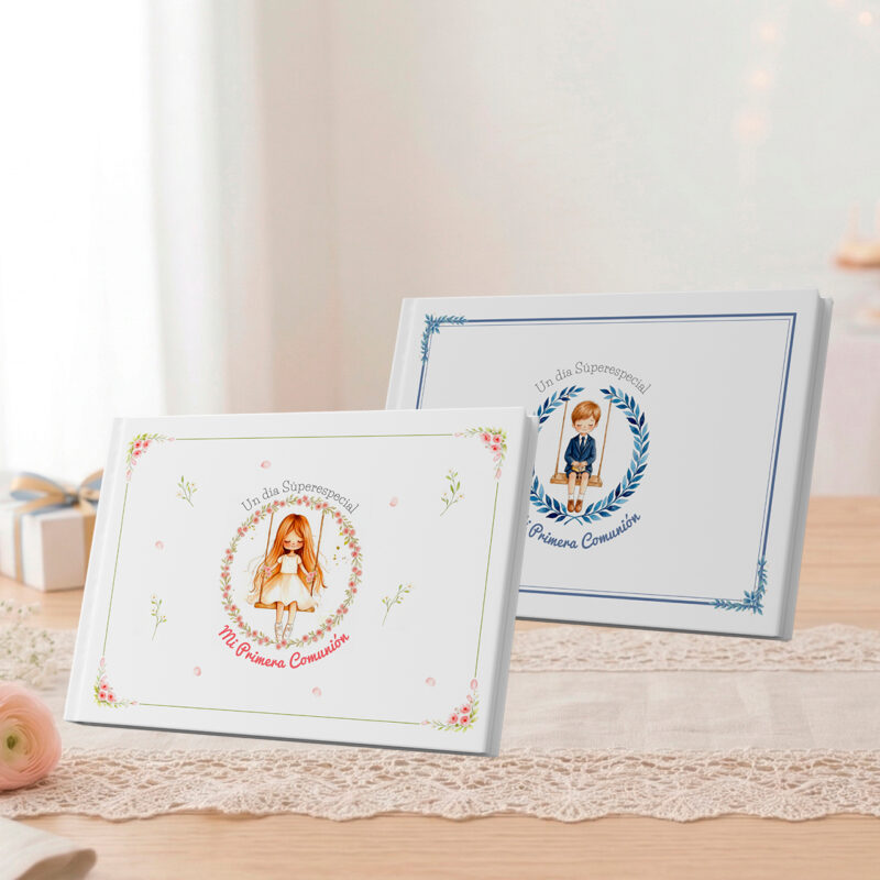Tarjetas de comunión con ilustraciones de niña y niño, diseño floral elegante y mensajes personalizados.