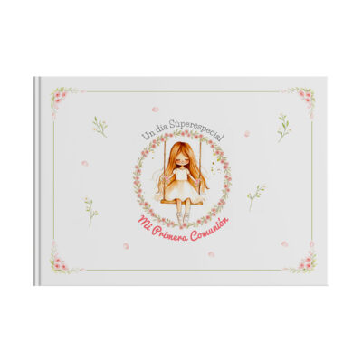Álbum De Comunión &Quot;Un Día Súper Especial&Quot; Con Ilustración De Niña En Vestido Blanco Y Detalles Florales.
