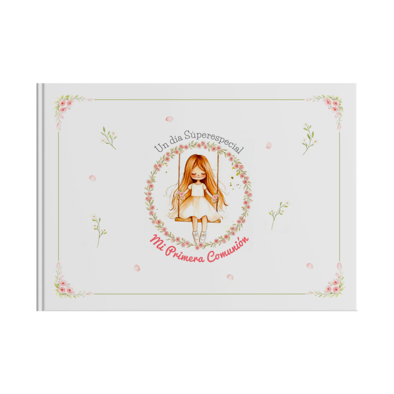 Álbum de Comunión "Un día Súper especial" con ilustración de niña en vestido blanco y detalles florales.