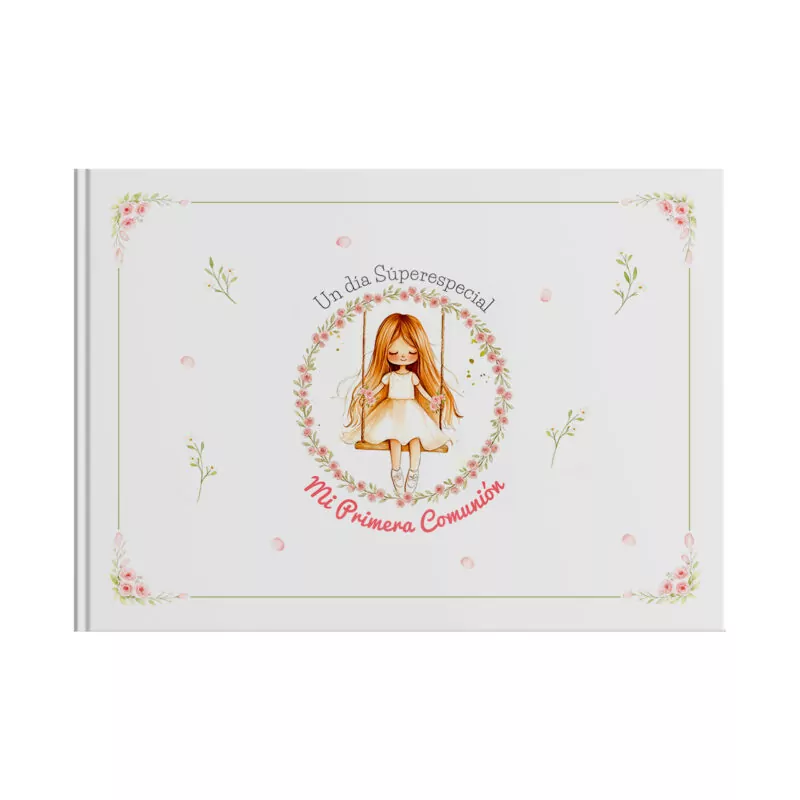 Álbum de Comunión "Un día Súper especial" con ilustración de niña en vestido blanco y detalles florales.