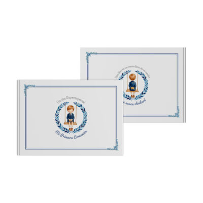 Libros De Recuerdos &Quot;Mi Primera Comunión&Quot; Con Ilustración De Niño Y Frases Decorativas En Azul. Ideal Para Celebración.