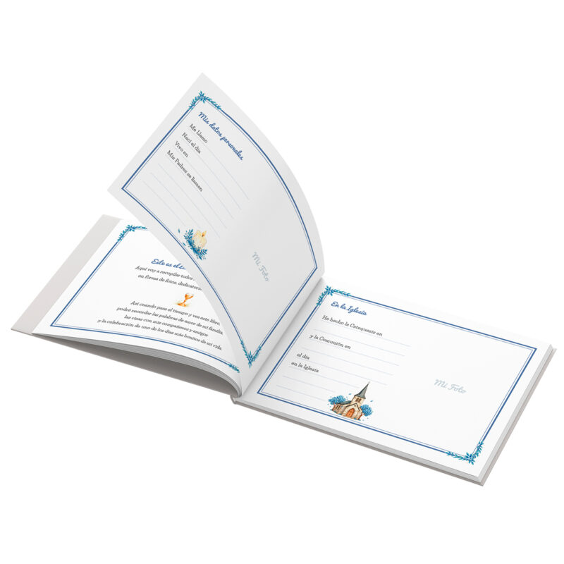 Álbum fotográfico con diseño colorido, incluye páginas para escribir datos de la ceremonia y espacio para fotos.