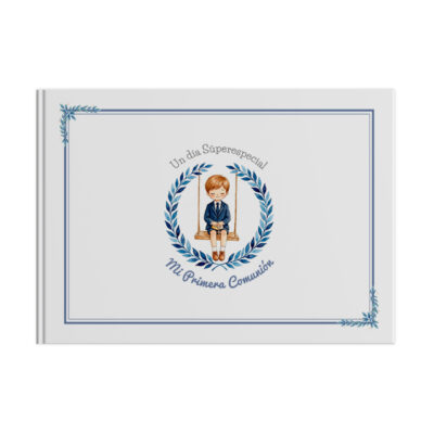 Álbum De Comunión &Quot;Mi Primera Comunión&Quot; Con Ilustración De Niño Sentado En Un Columpio. Diseño Especial Y Elegante.