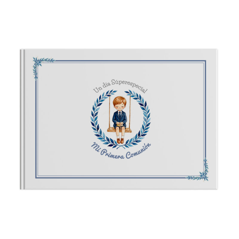 Álbum de comunión "Mi Primera Comunión" con ilustración de niño sentado en un columpio. Diseño especial y elegante.