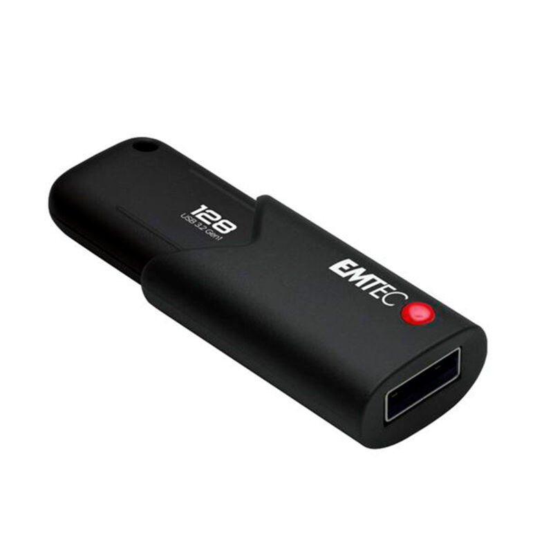 emt404505-1-24b USB EMTEC de 128 GB, diseño negro y compacto, lector USB 3.2 con luz indicadora. Ideal para almacenamiento portátil.