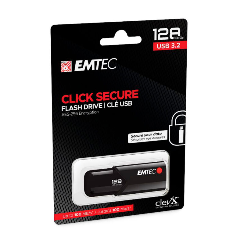 emt404505-2-7f5 USB Emtec Click Secure 128GB con cifrado AES-256, velocidad de hasta 100 MB/s, ideal para almacenamiento seguro.