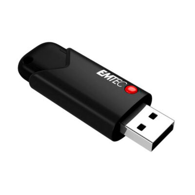 Pendrive EMTEC negro con luz LED roja, USB 3.0, capacidad de almacenamiento rápida y segura.