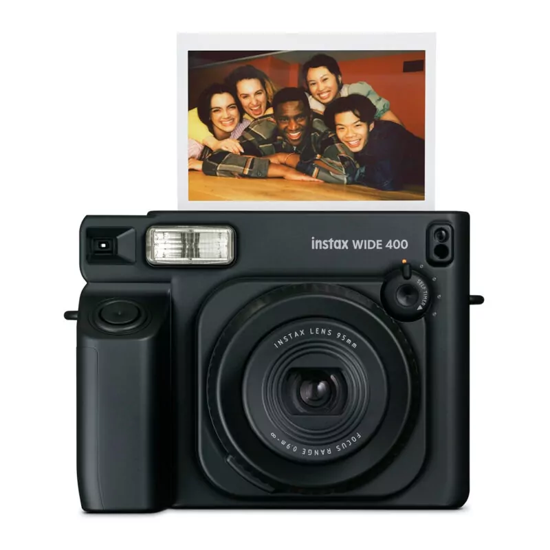 Cámara instantánea Fujifilm Instax Wide 400 con impresión de foto de grupo y lente de 95 mm. Ideal para recuerdos.