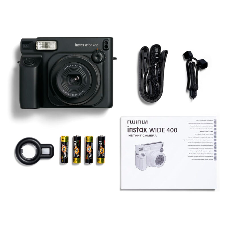 Cámara instantánea Fujifilm Instax Wide 400 con lente, batería y manual. Ideal para fotografía instantánea.