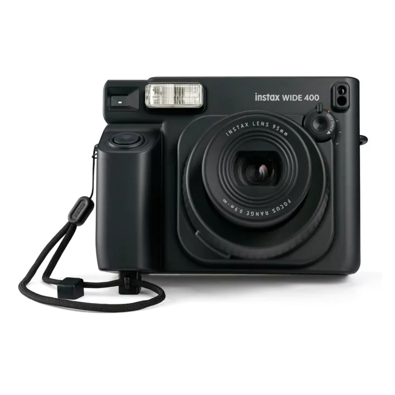 Cámara instantánea Fujifilm Instax Wide 400 con lente de 95mm y flash integrado para fotos de gran formato.