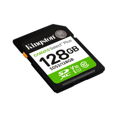 Tarjeta SD Kingston Canvas Select Plus de 128GB, velocidad UHS-I, ideal para cámaras y dispositivos fotográficos.