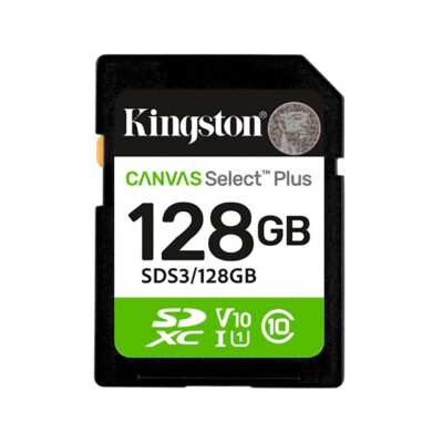 Tarjeta SD Kingston Canvas Select Plus de 128GB, velocidad de clase U1 y V10, ideal para cámara y almacenamiento.