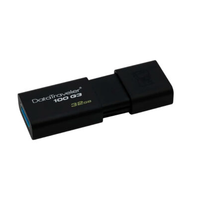 Pendrive Kingston DataTraveler 100 G3 de 32GB con diseño en negro y conector USB 3.0 para transferencia rápida.