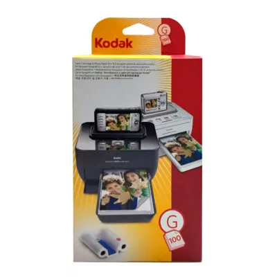 Impresora Kodak EasyShare G600 con fotos impresas, incluye cartuchos de tinta y papel fotográfico. Ideal para fotografía instantánea.