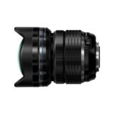 Lente gran angular Olympus M.Zuiko 7-14mm f/2.8 con tapa, diseño compacto y aspecto profesional para fotografía.