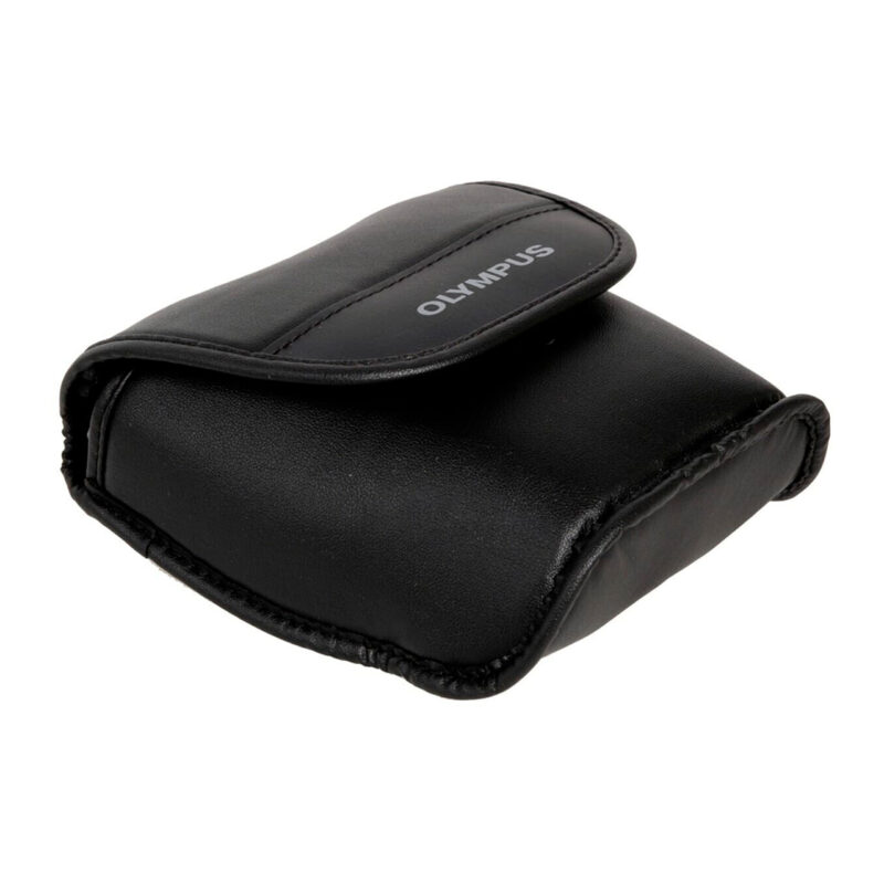 Funda de cámara Olympus, diseño compacto en cuero negro, ideal para protección y transporte seguro.