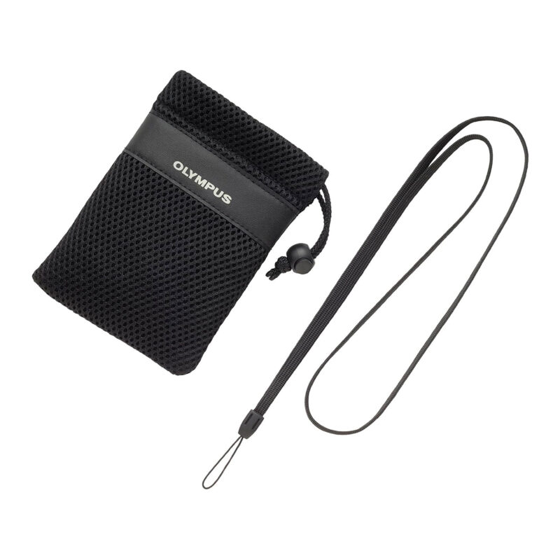 Funda de red negra Olympus con cordón ajustable, ideal para proteger cámaras compactas.