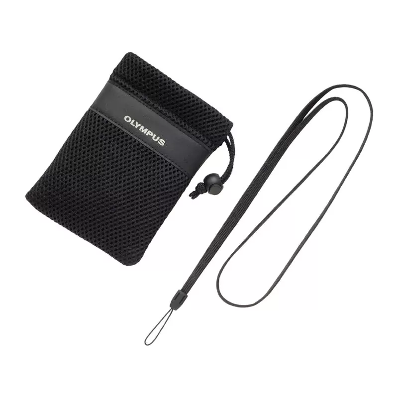 Funda de red negra Olympus con cordón ajustable para protección de cámara y accesorios. Ideal para fotógrafos.