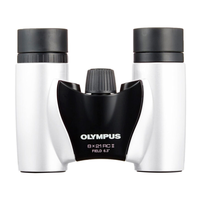 Binoculares Olympus 8x21 RC II con diseño compacto y prismas de Porro, ideales para observación en exteriores.