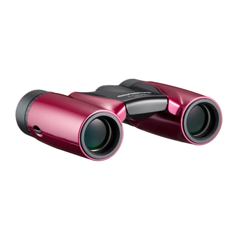 Binoculares Olympus 8x21, diseño compacto en color rojo, óptica de calidad para observación de naturaleza.