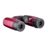 Binoculars en color rosa con lentes de alta calidad y ajuste central, ideales para observación de naturaleza y deportes.