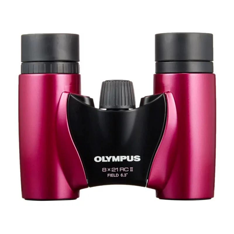 Prismáticos Olympus 8x21 RC II, diseño compacto en color rosa, con lentes de campo de 6.3°. Ideal para observación.