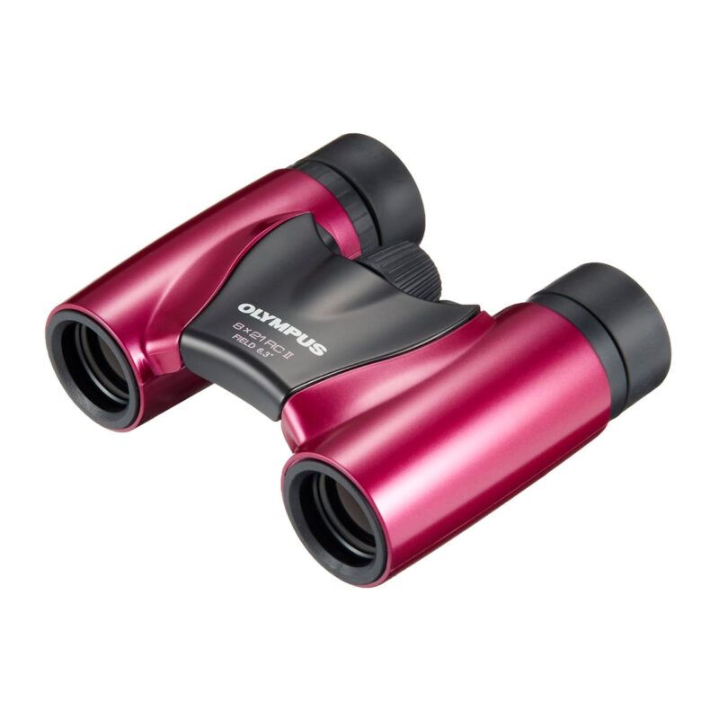 Binoculares Olympus 8x21 RC II en color rojo, diseño compacto y óptica de alto rendimiento.