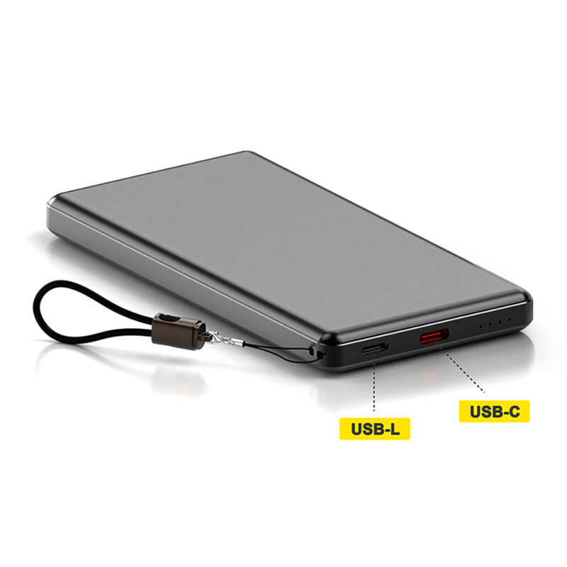 Batería externa portátil con USB-C y USB-L, diseño delgado ideal para cargar dispositivos móviles.