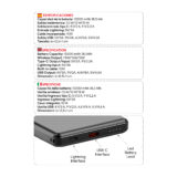 Batería externa de 10200 mAh con puertos USB-C y Lightning, salida de 15W, diseño compacto y ligero.