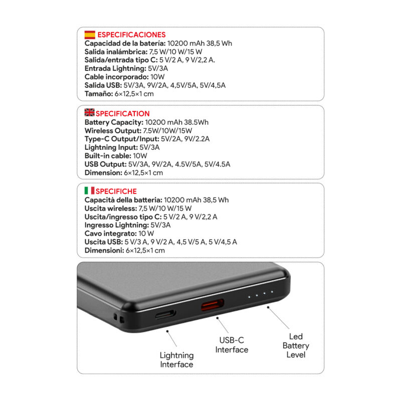 Batería externa de 10200 mAh con puertos USB-C y Lightning, salida de 15W, diseño compacto y ligero.