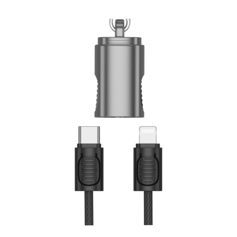 Adaptador de carga USB-C a Lightning, diseño compacto y acabado metálico, compatible con dispositivos Apple.