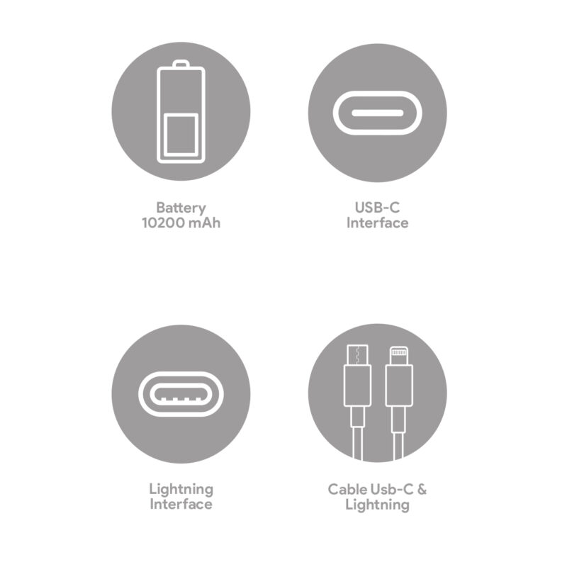 Batería portátil de 10200 mAh, con interfaces USB-C y Lightning, ideal para dispositivos móviles y carga rápida.